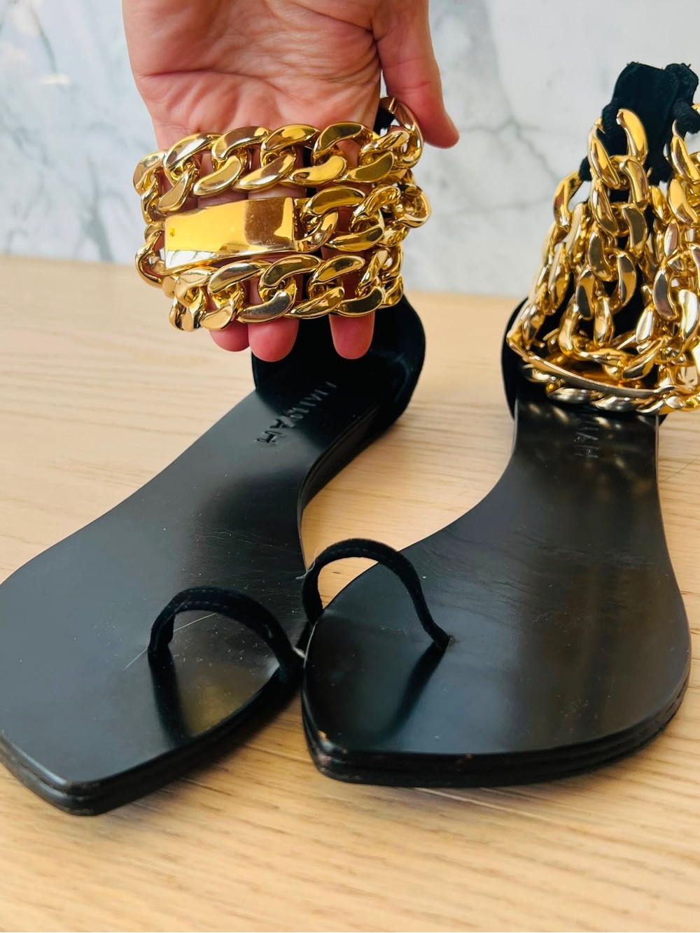 Women’s Black Sandal with Gold Chain Accent